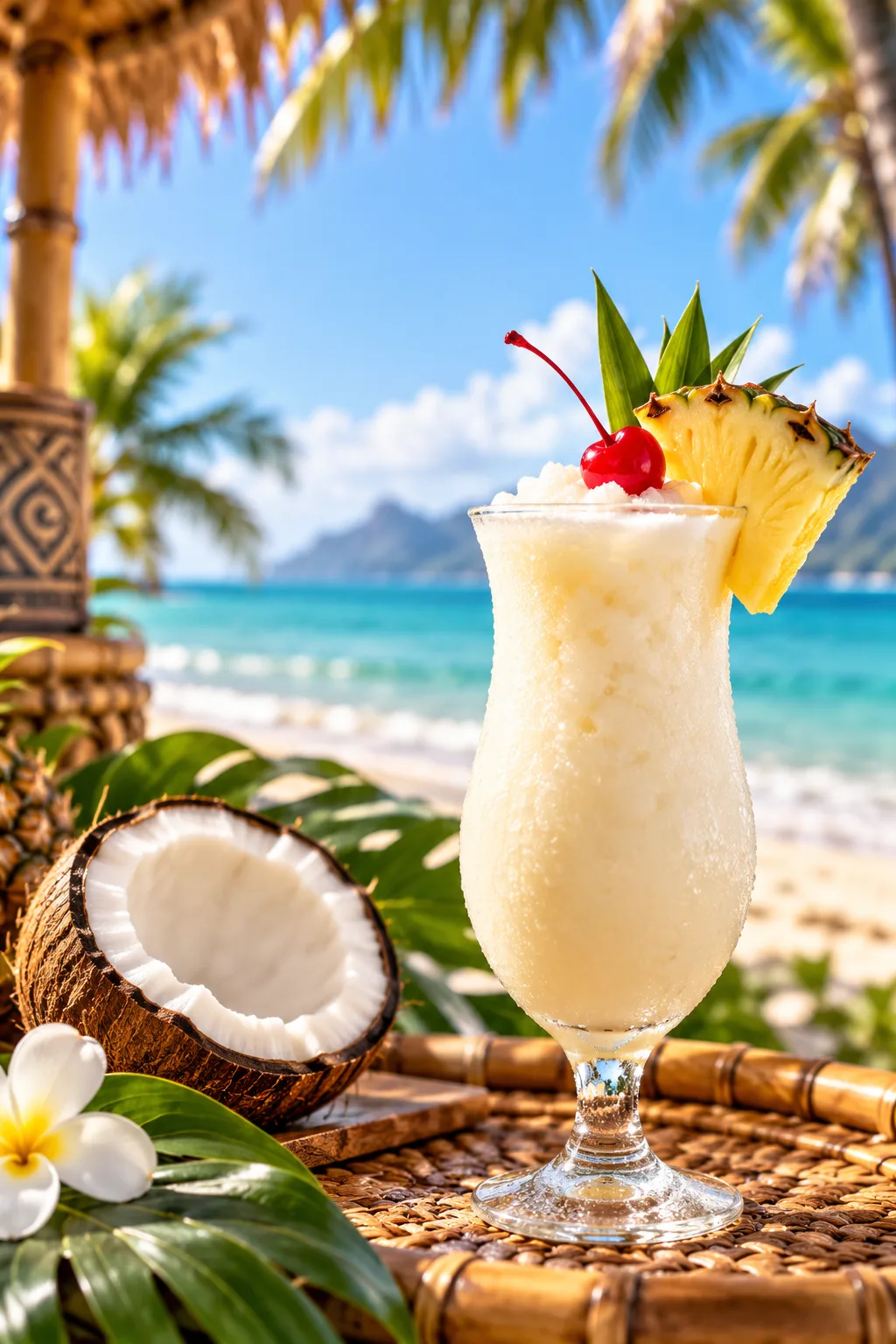 Tiki Cocktail: piña colada in a hurricane glass with a pineapple wedge and cherry