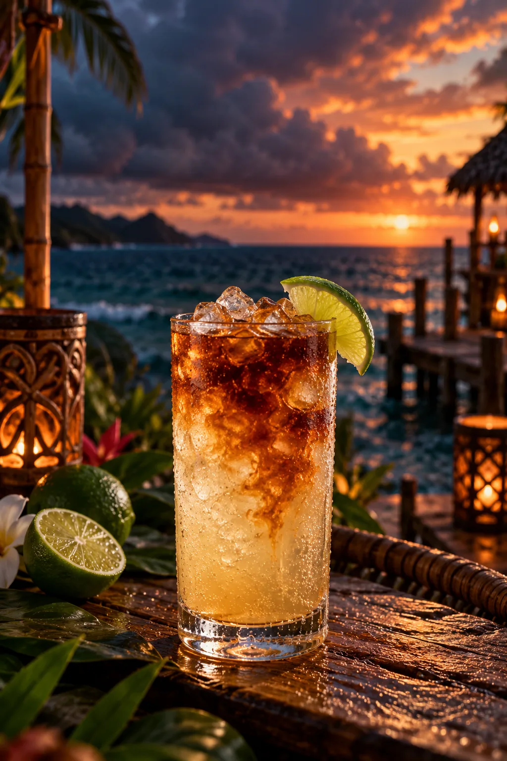 Tiki Cocktail: dark rum and ginger beer highball with a lime wedge