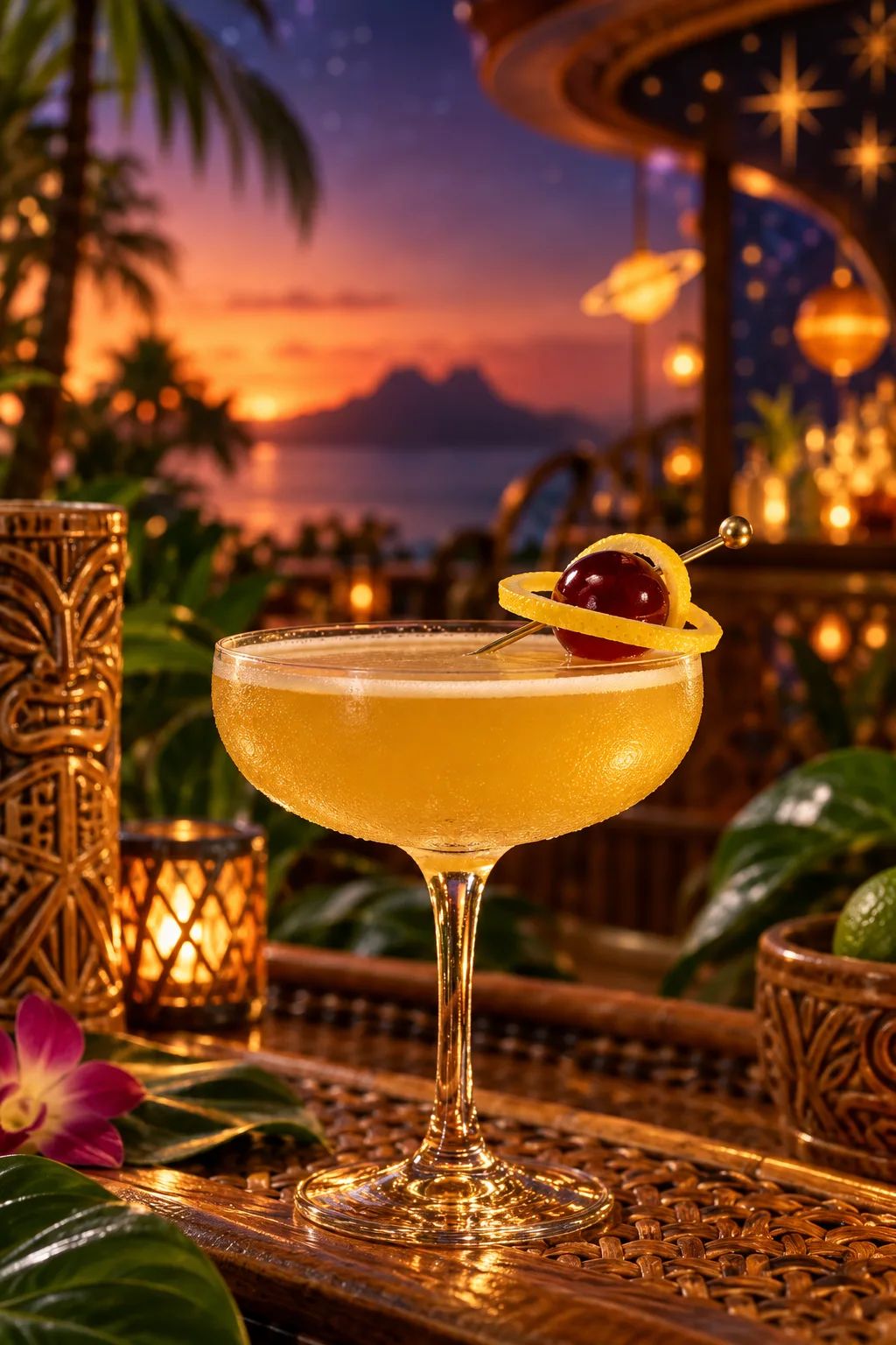Tiki Cocktail: saturn tiki cocktail with a lemon peel ring around a cherry