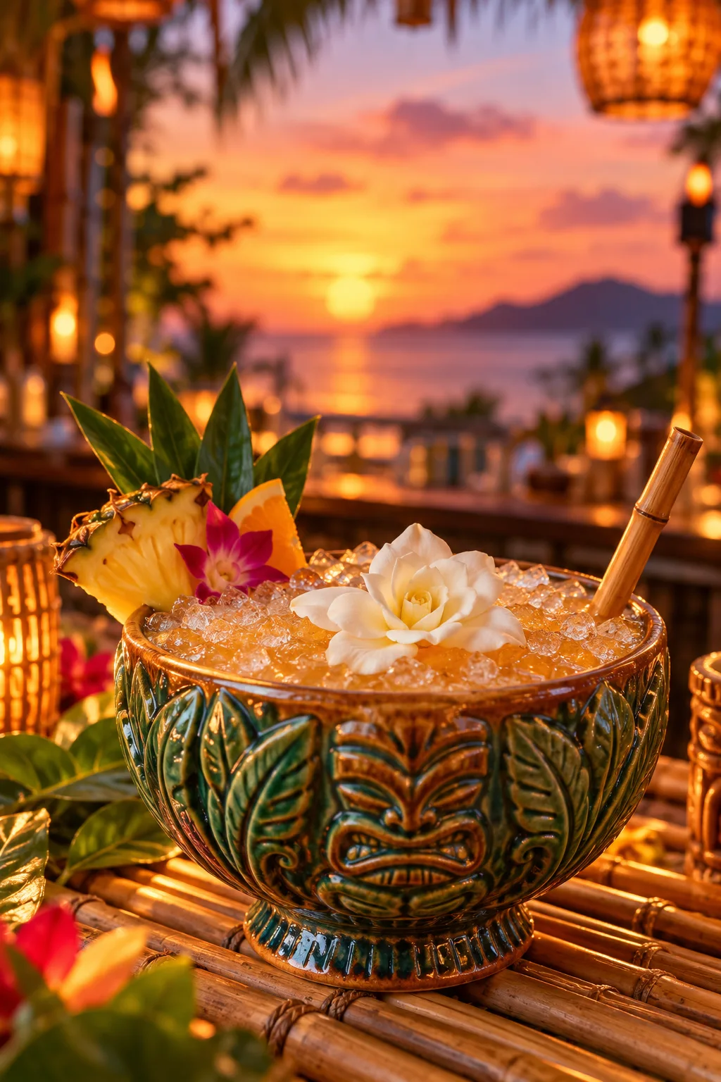 Tiki Cocktail: scorpion cocktail with a gardenia flower in a tiki glass