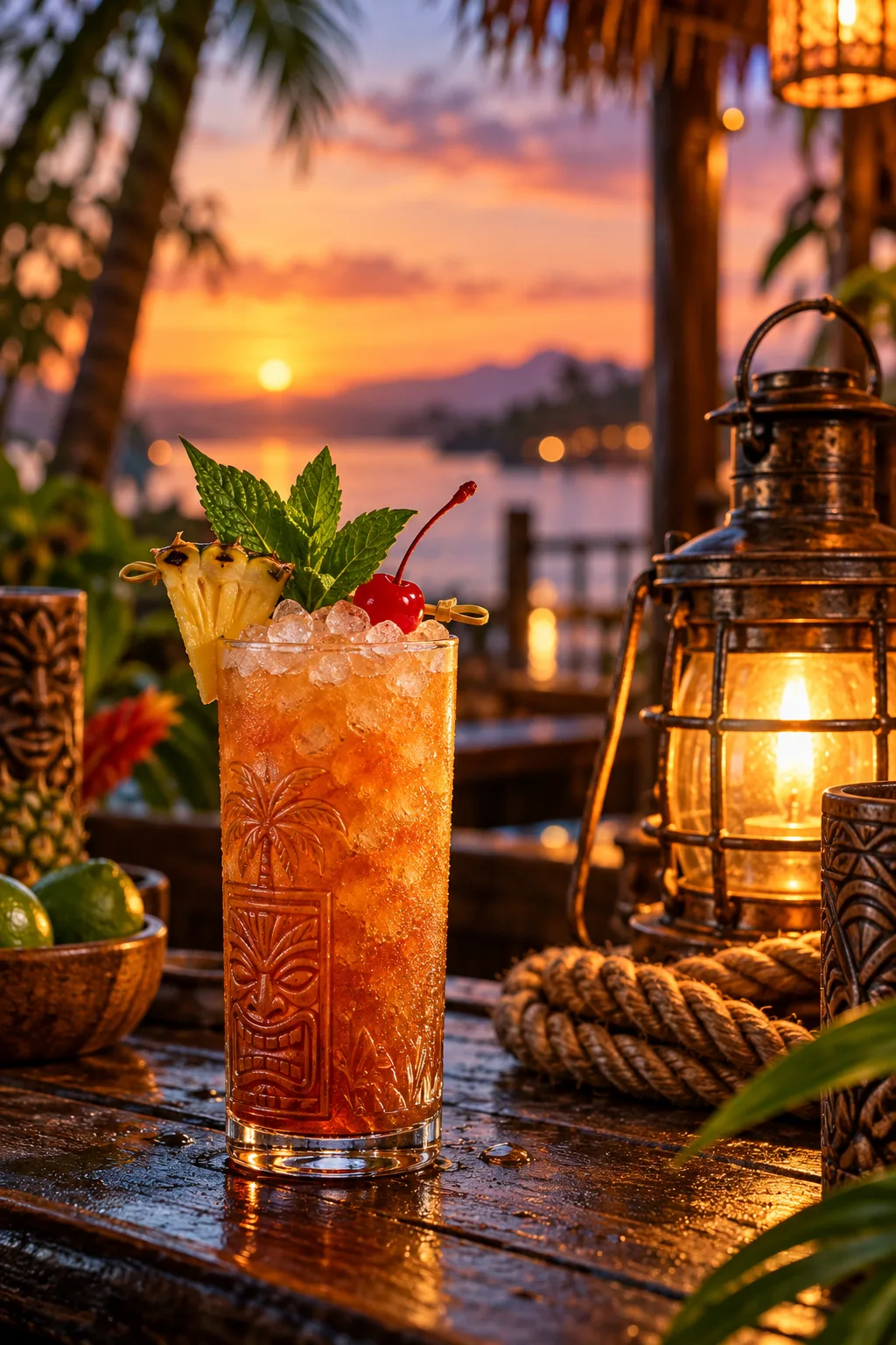 Tiki Cocktail: port Light bourbon tiki cocktail with passion fruit and a cherry