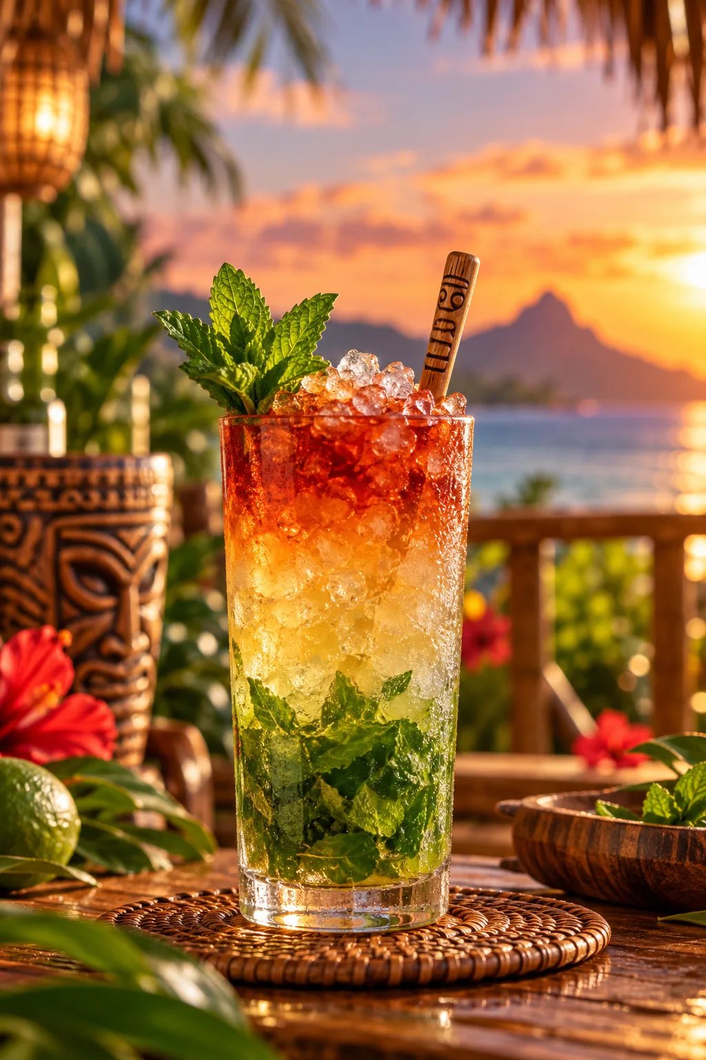 Tiki Cocktail: layered Queen's Park Swizzle with mint at the bottom and bitters on top