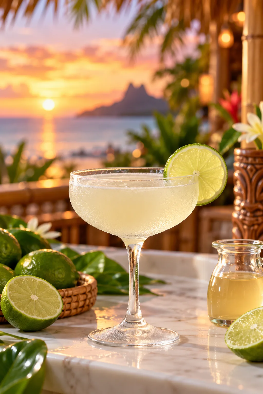 Tiki Cocktail: daiquiri in a chilled coupe with a lime wheel