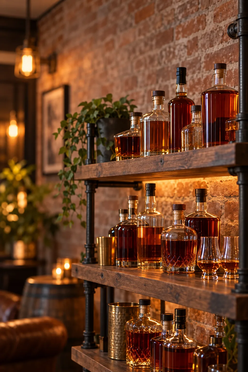 Whiskey Display Idea: black iron pipe shelf on a brick wall lined with whiskey bottles and Glencairn glasses