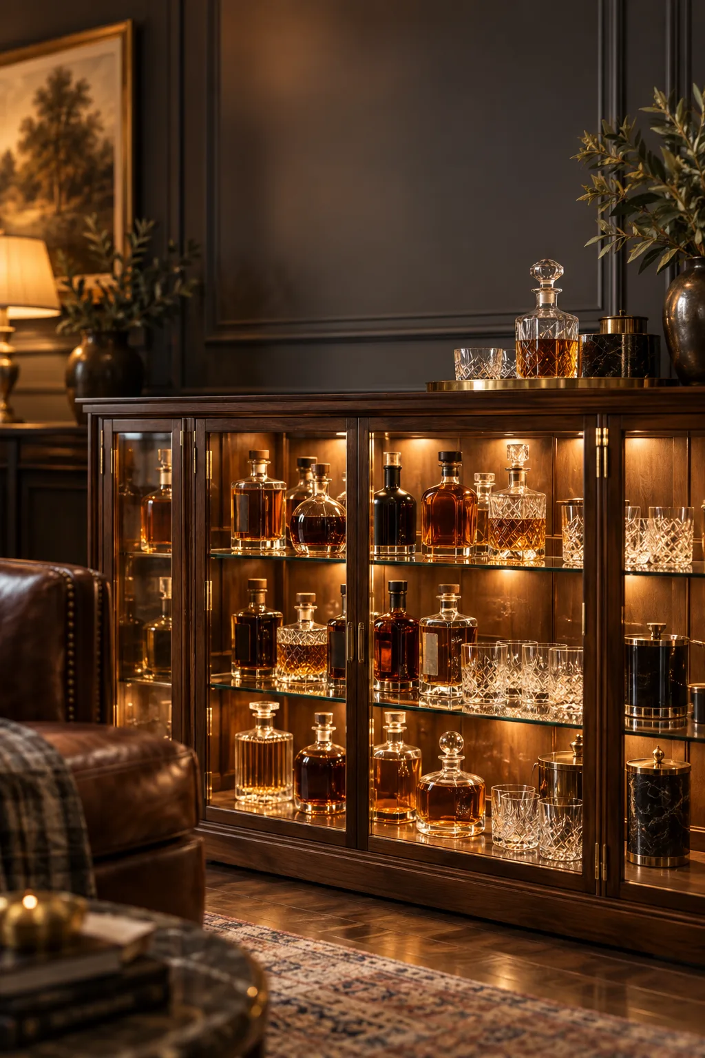 Whiskey Display Idea: glass-front display cabinet with interior lighting showing a whiskey collection