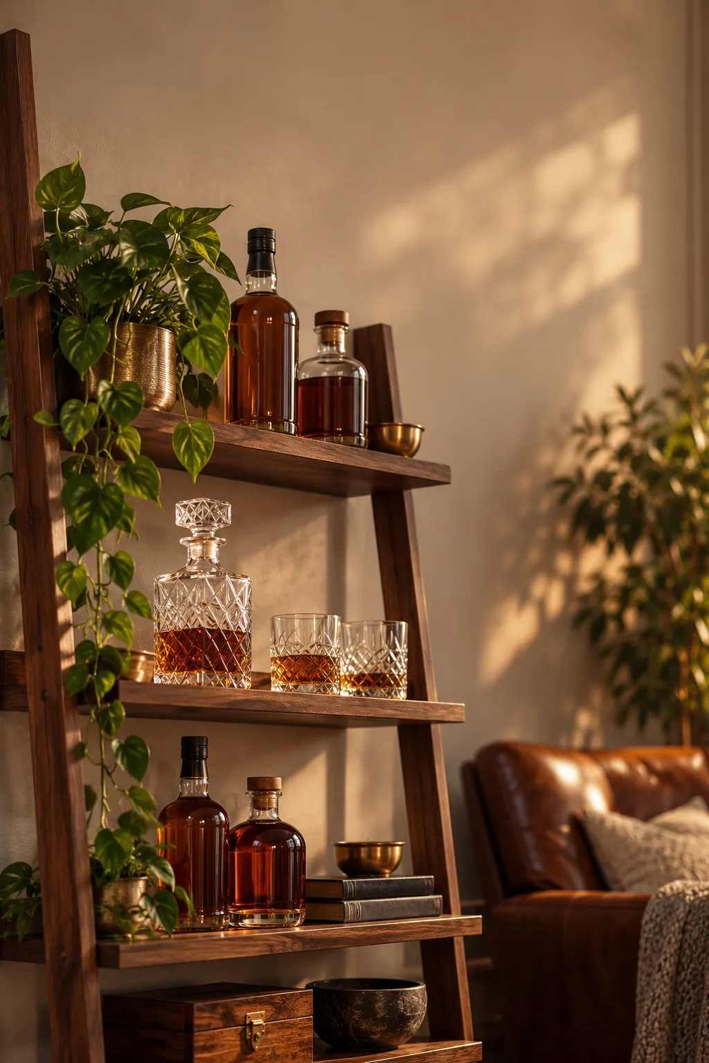 Whiskey Display Idea: leaning wooden ladder shelf styled with whiskey bottles, a decanter and a plant