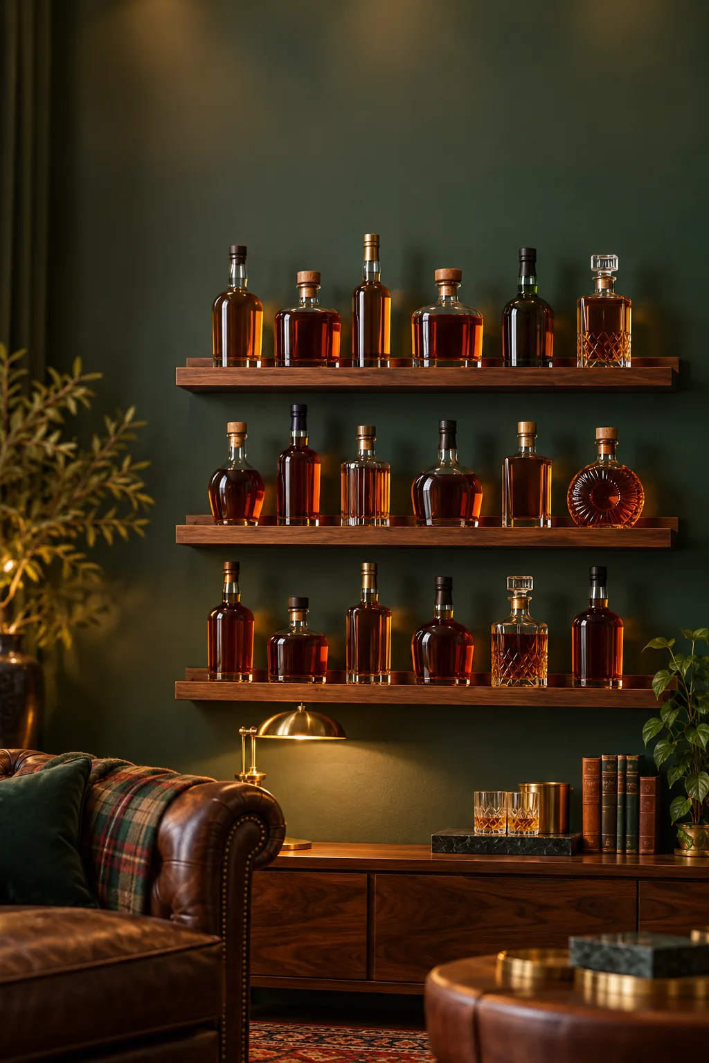 Whiskey Display Idea: narrow picture ledges on a wall holding whiskey bottles upright in rows