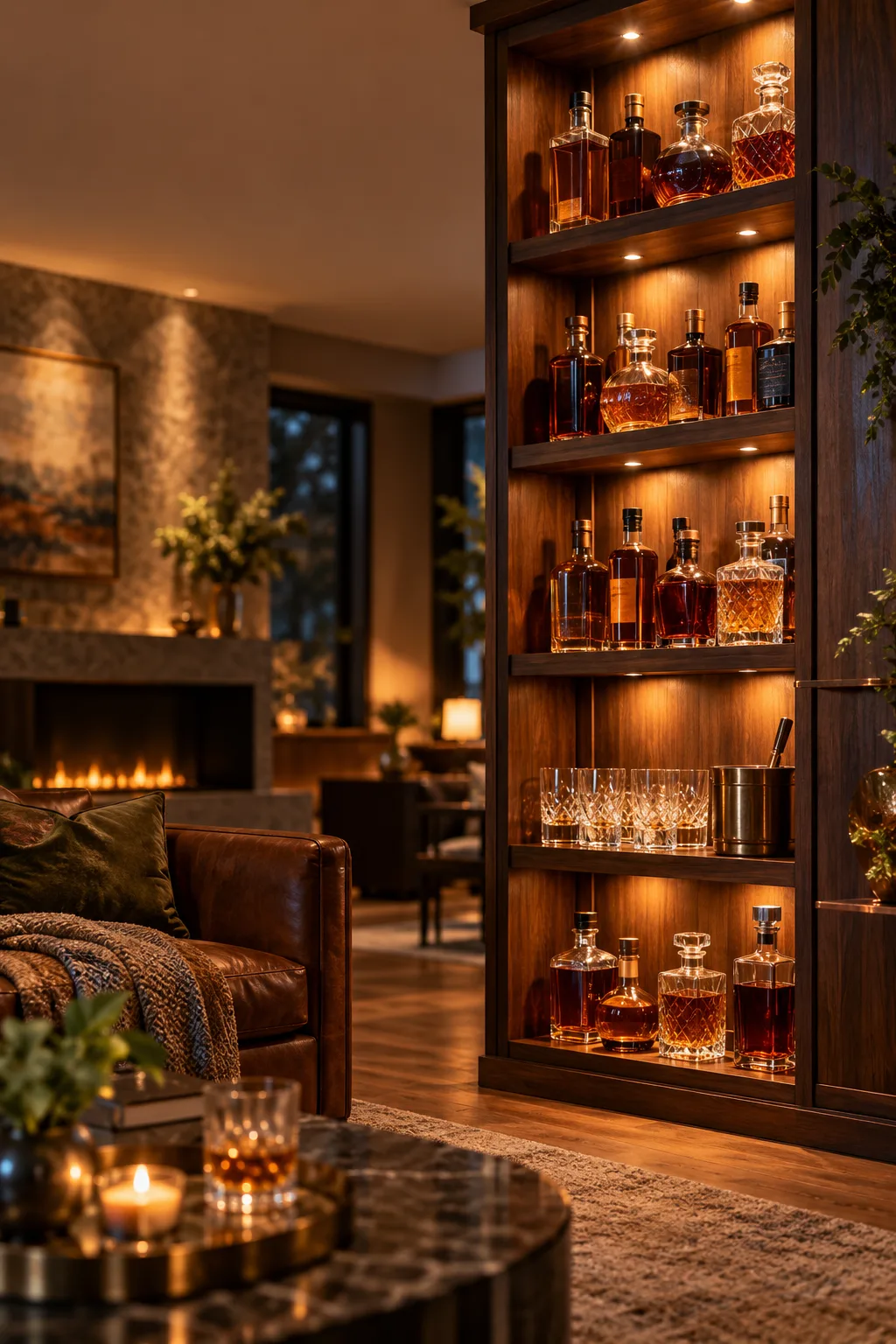 Whiskey Display Idea: tall corner shelving tower filled with an amber whiskey collection