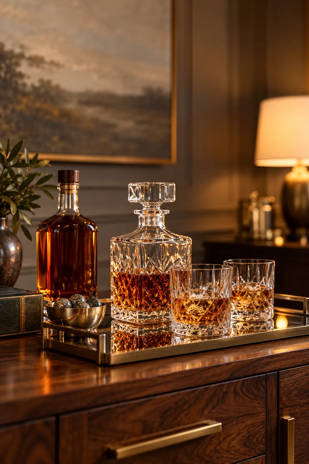 Whiskey Display Idea: crystal whiskey decanter and matching tumblers on a mirrored tray