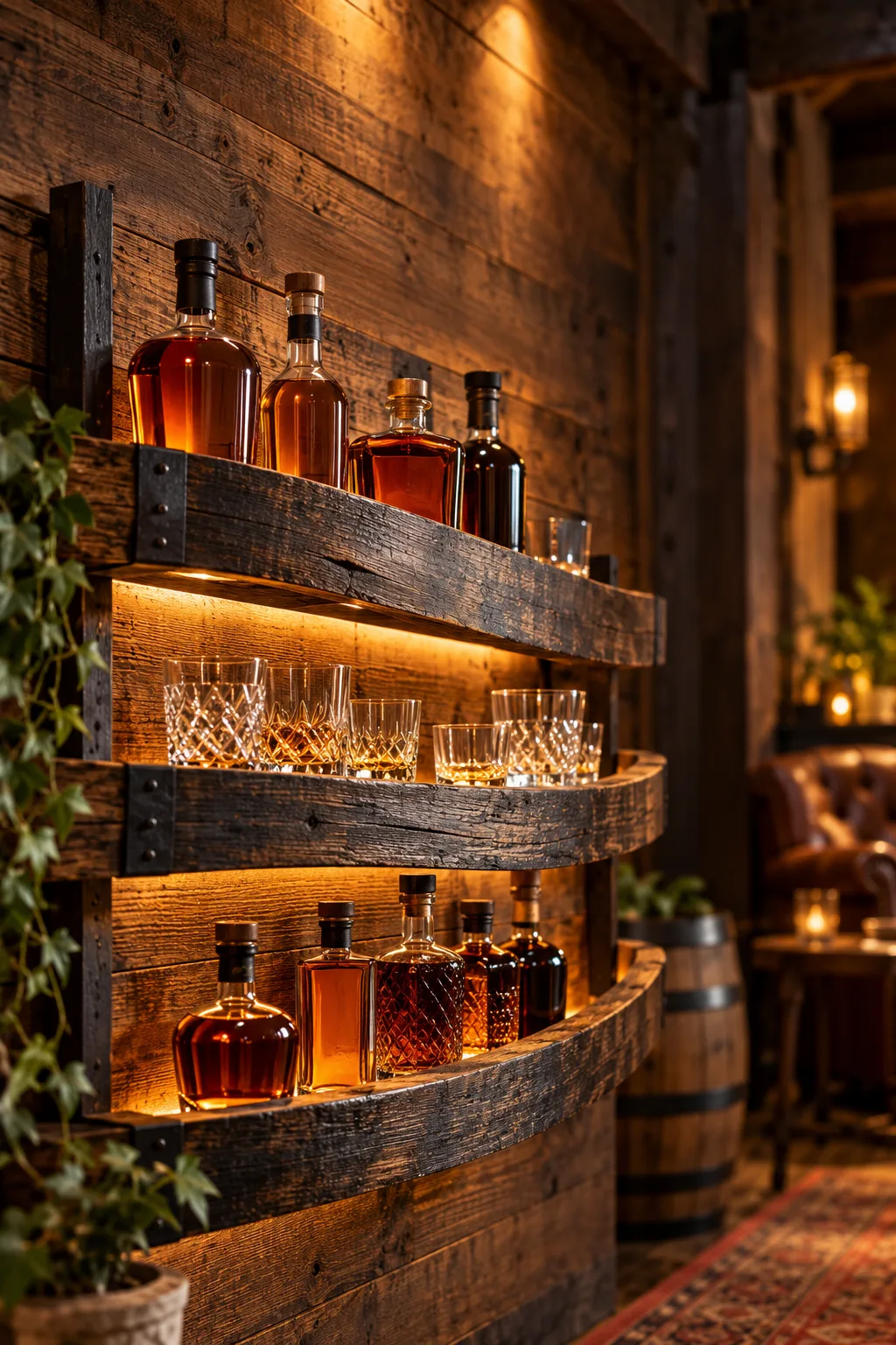 Whiskey Display Idea: whiskey shelf built from curved oak barrel staves holding bottles
