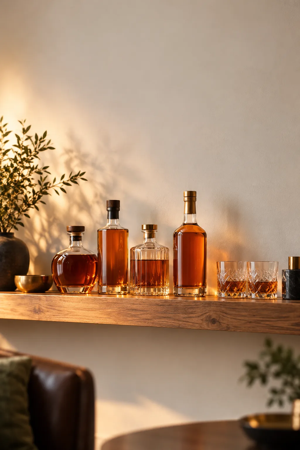 Whiskey Display Idea: one long minimalist floating shelf with a few whiskey bottles and two glasses