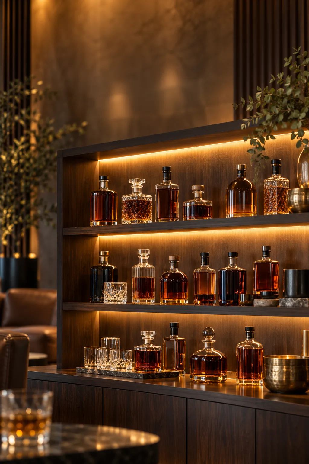 Whiskey Display Idea: open dark cabinetry shelves underlit with LED strips and a whiskey collection