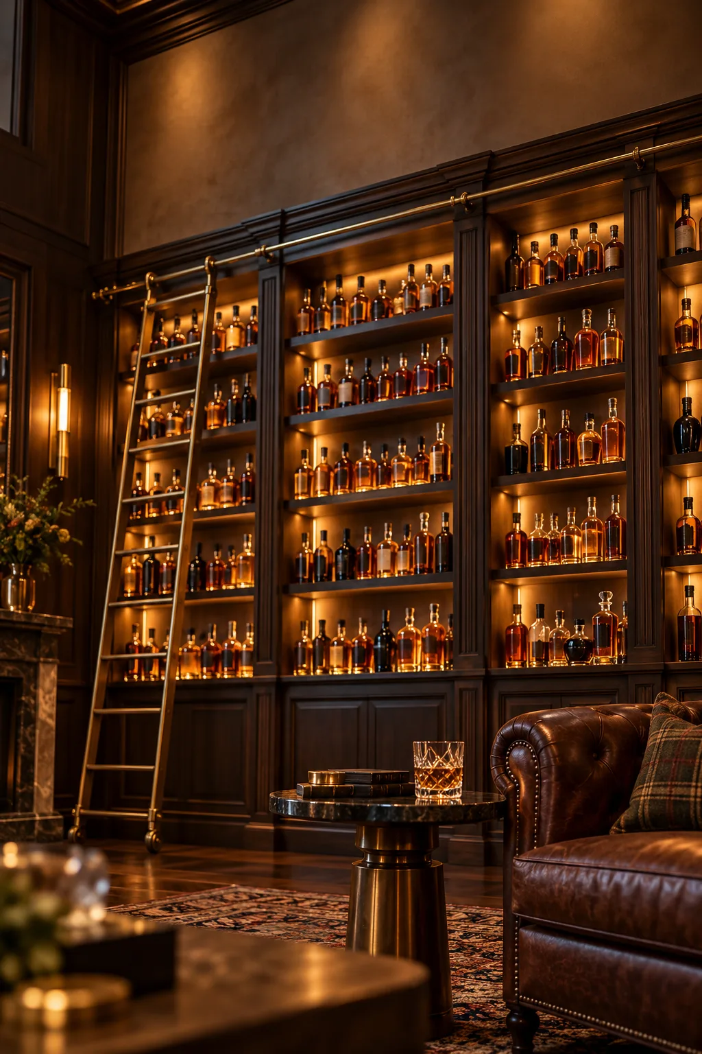 Whiskey Display Idea: floor-to-ceiling library-style wall of whiskey bottles with a rolling ladder