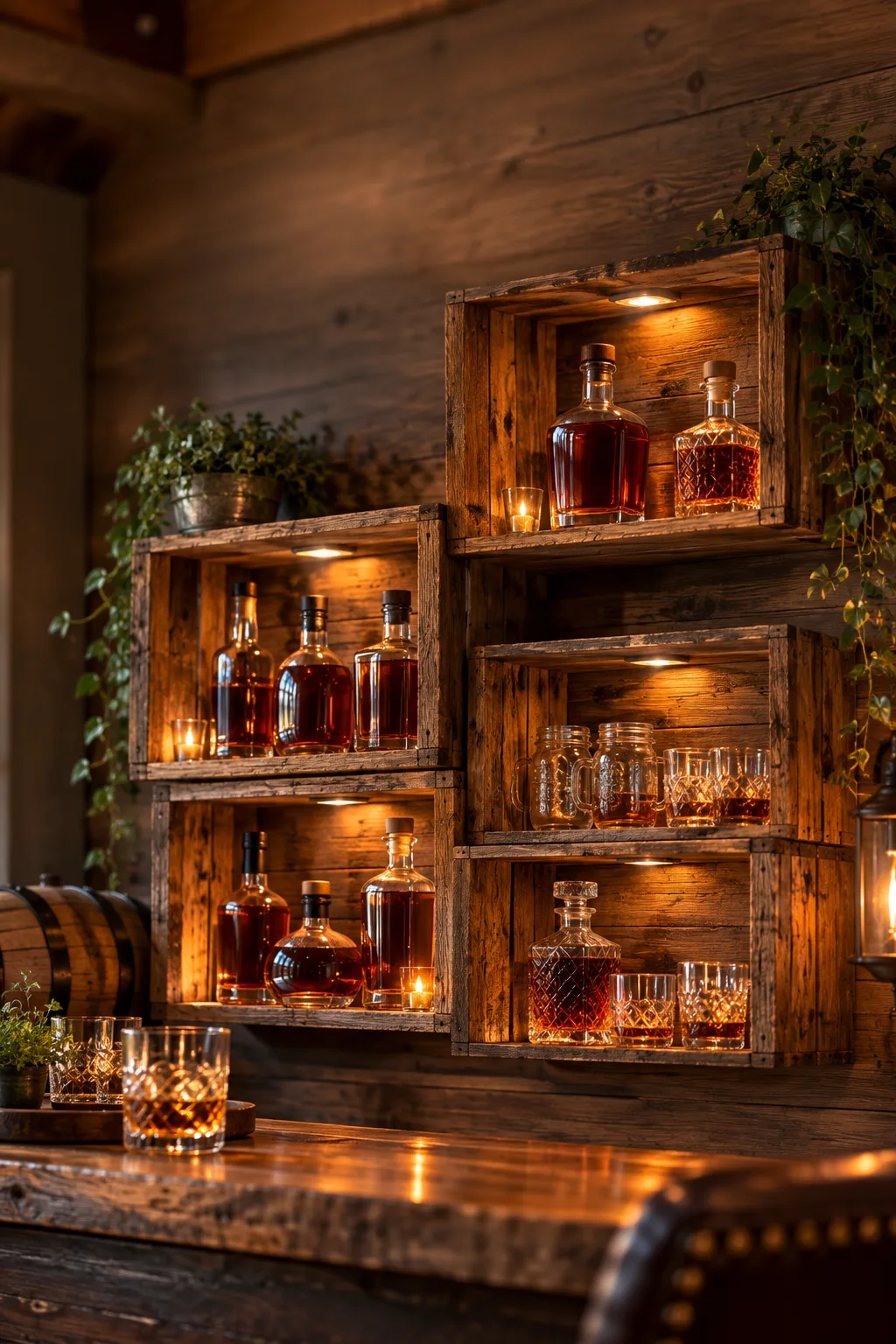 Whiskey Display Idea: wall-mounted rustic wooden crates used as shelves for whiskey bottles