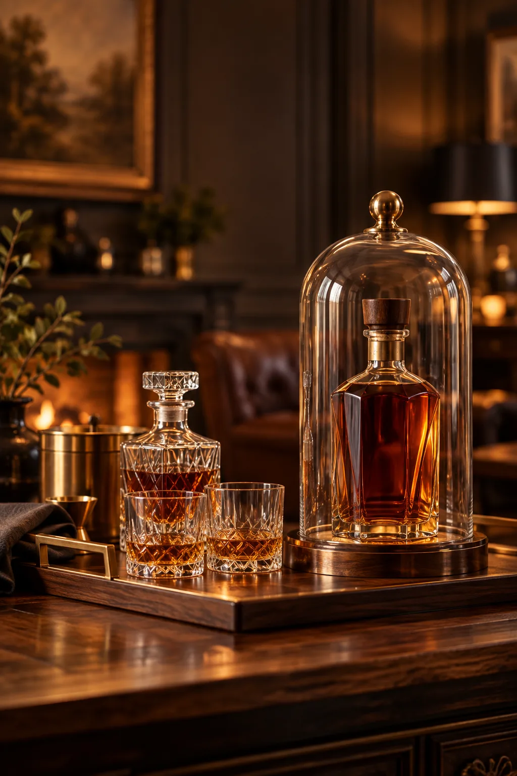 Whiskey Display Idea: glass cloche over a single prized whiskey bottle on a wooden tray