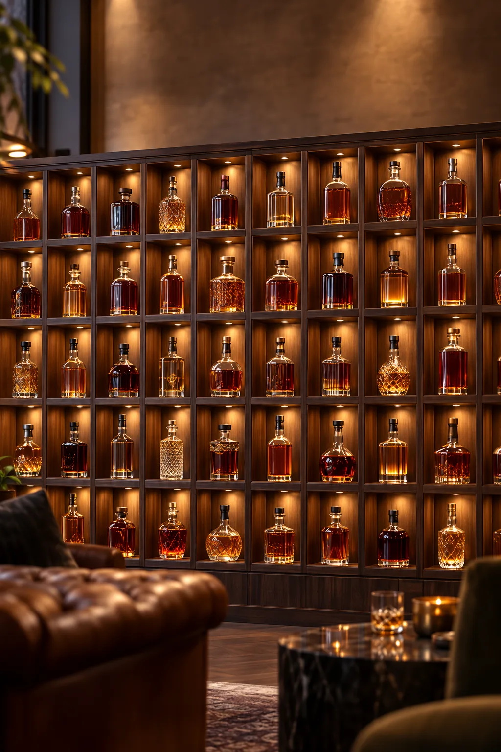 Whiskey Display Idea: collector's grid of cubby shelves stocked with a large whiskey collection