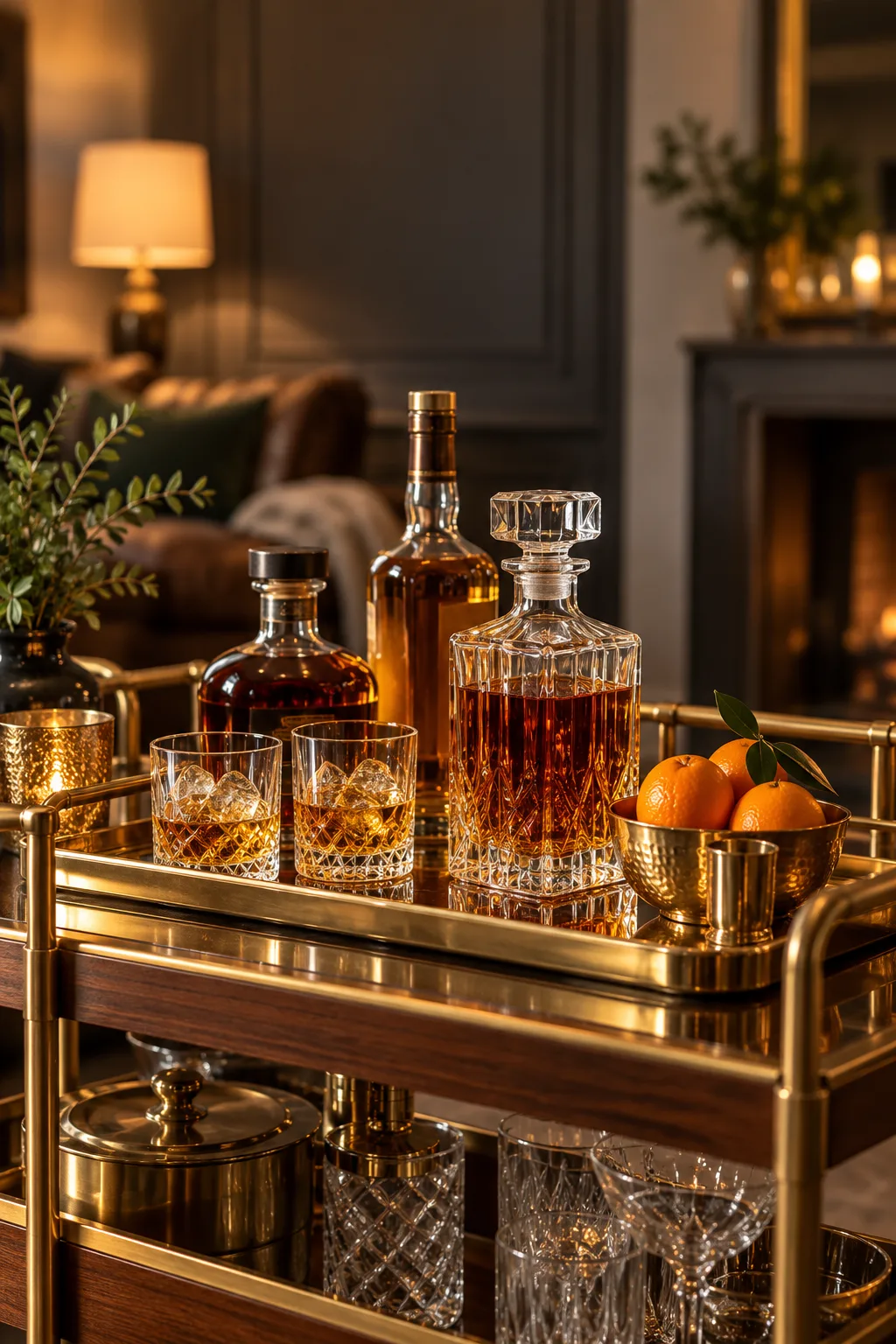 Whiskey Display Idea: bar cart top with whiskey bottles, a decanter and glasses on a brass tray