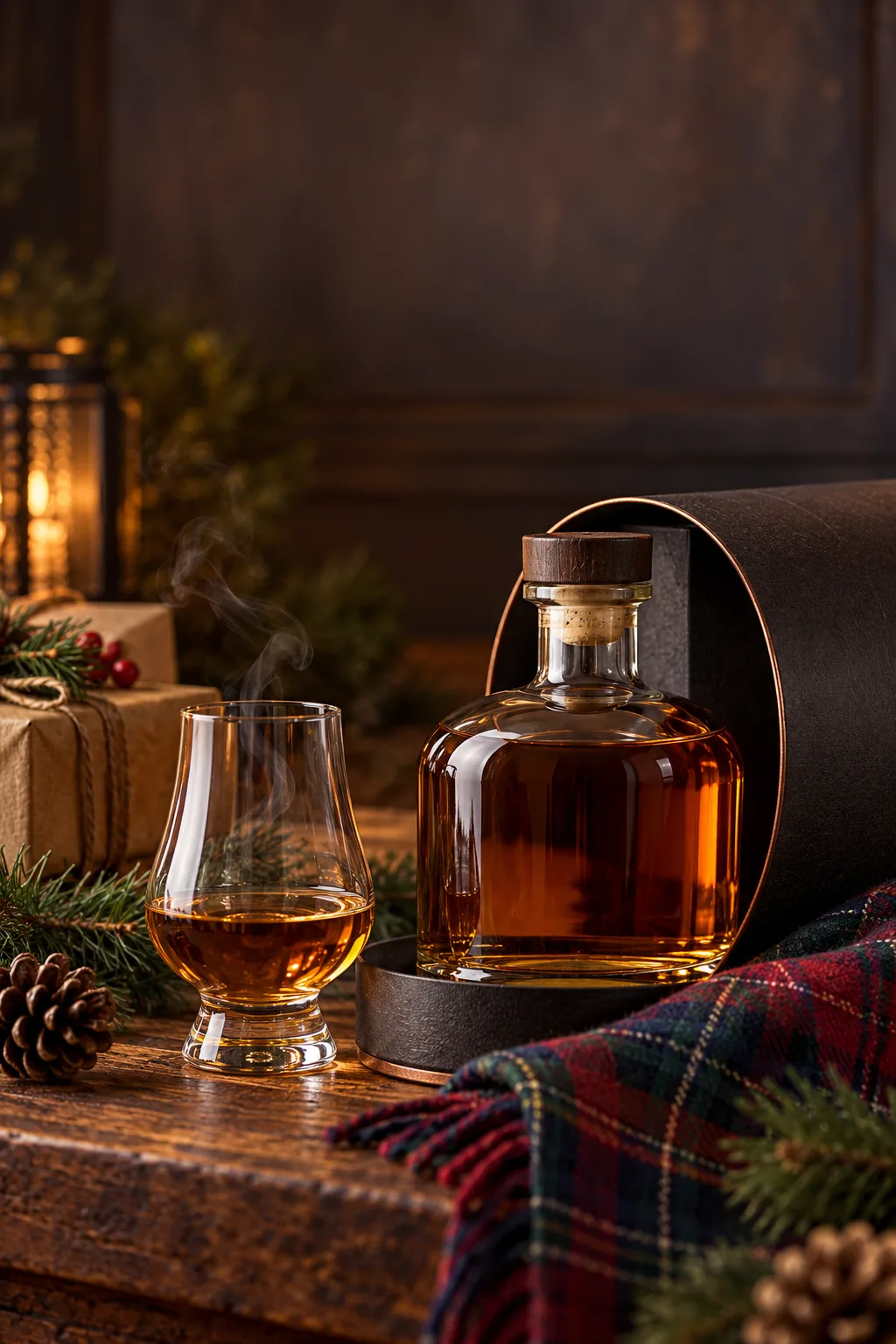 Whiskey Gift for Men: smoky Islay Scotch bottle in a gift box with a Glencairn glass