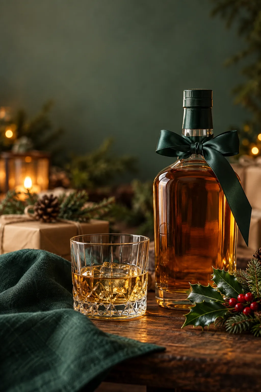 Whiskey Gift for Men: irish whiskey bottle with a ribbon next to a tumbler on a green tablecloth
