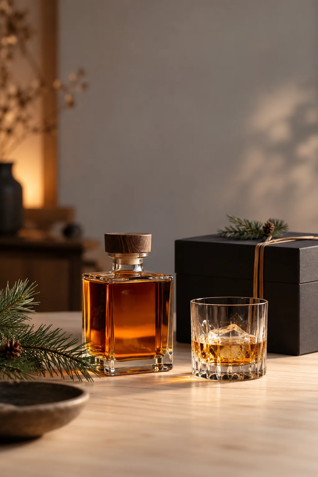 Whiskey Gift for Men: small square Japanese whisky bottle with a gift box on a minimalist table