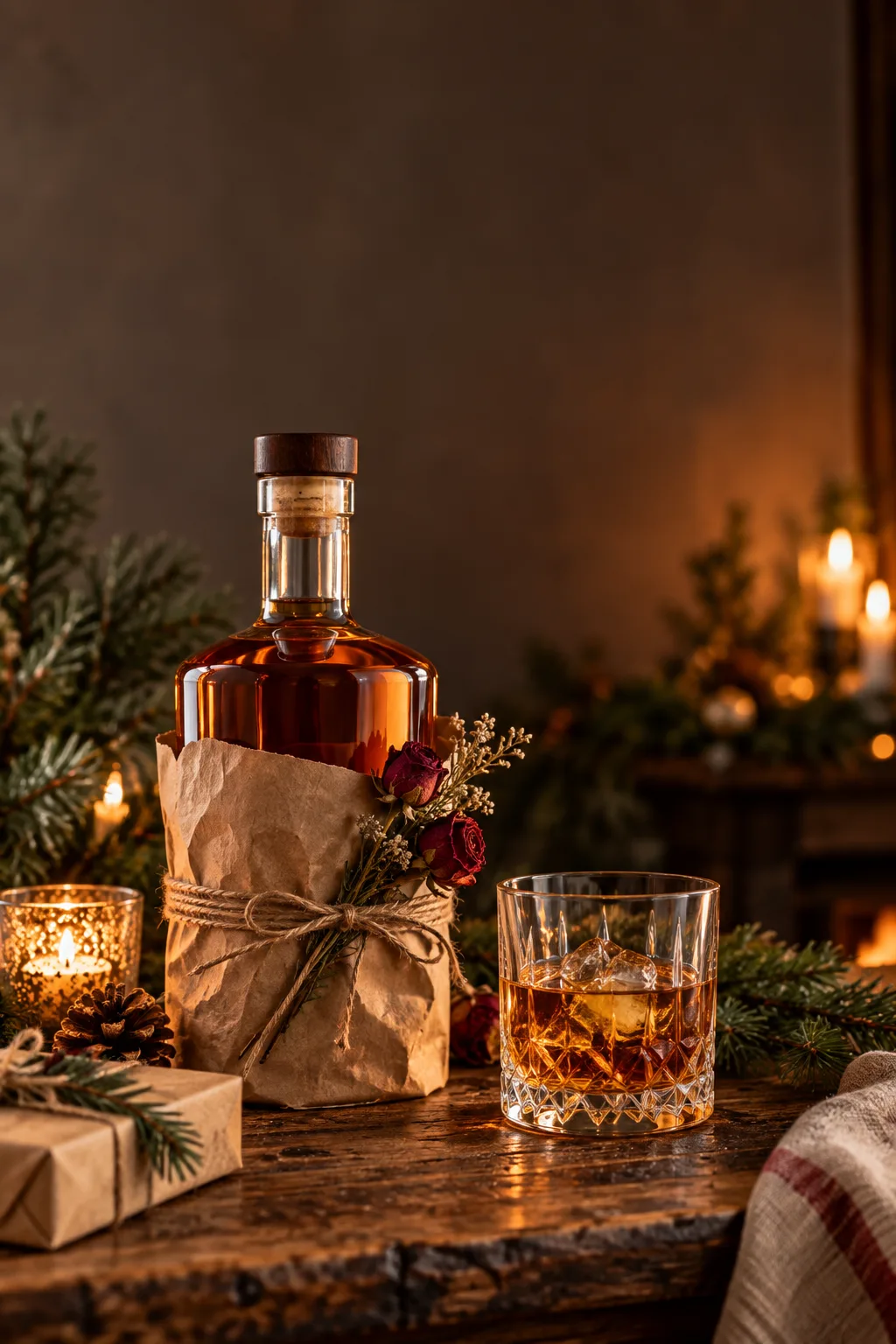 Whiskey Gift for Men: bourbon bottle wrapped in brown paper with a rose sprig and a glass