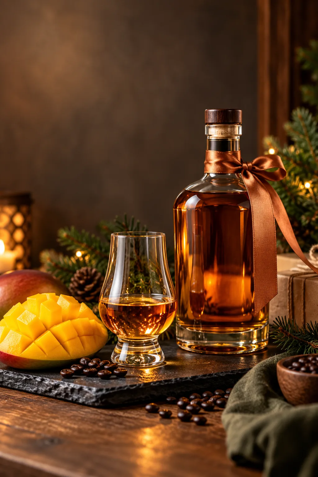 Whiskey Gift for Men: speyside Scotch bottle with a gift ribbon beside tropical fruit and a glass
