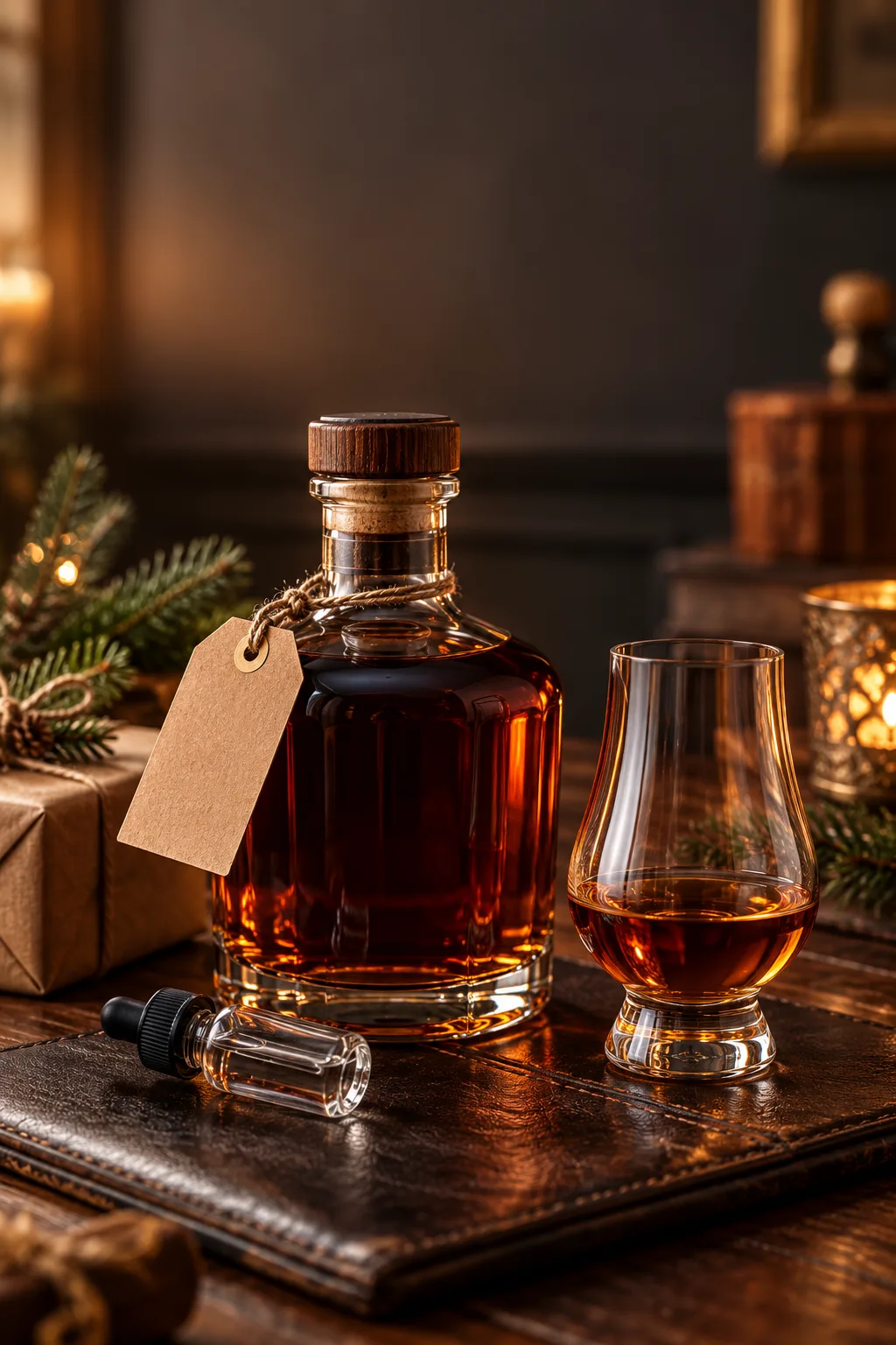 Whiskey Gift for Men: dark barrel-proof bourbon bottle with a gift tag beside a whiskey glass