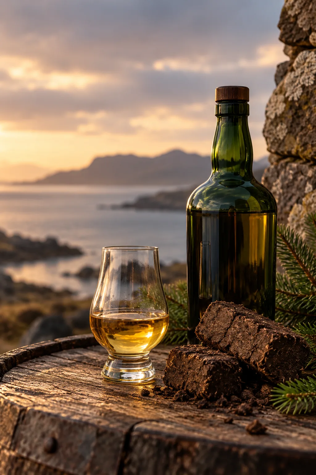 Whiskey Gift for Men: green Islay Scotch bottle with peat bricks and a glass