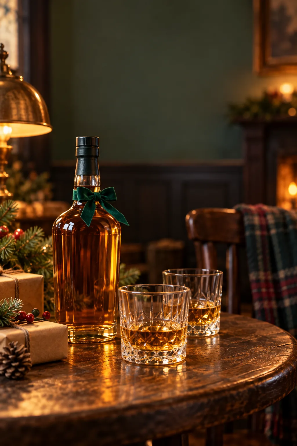 Whiskey Gift for Men: irish whiskey bottle with a green bow and two glasses on a pub table