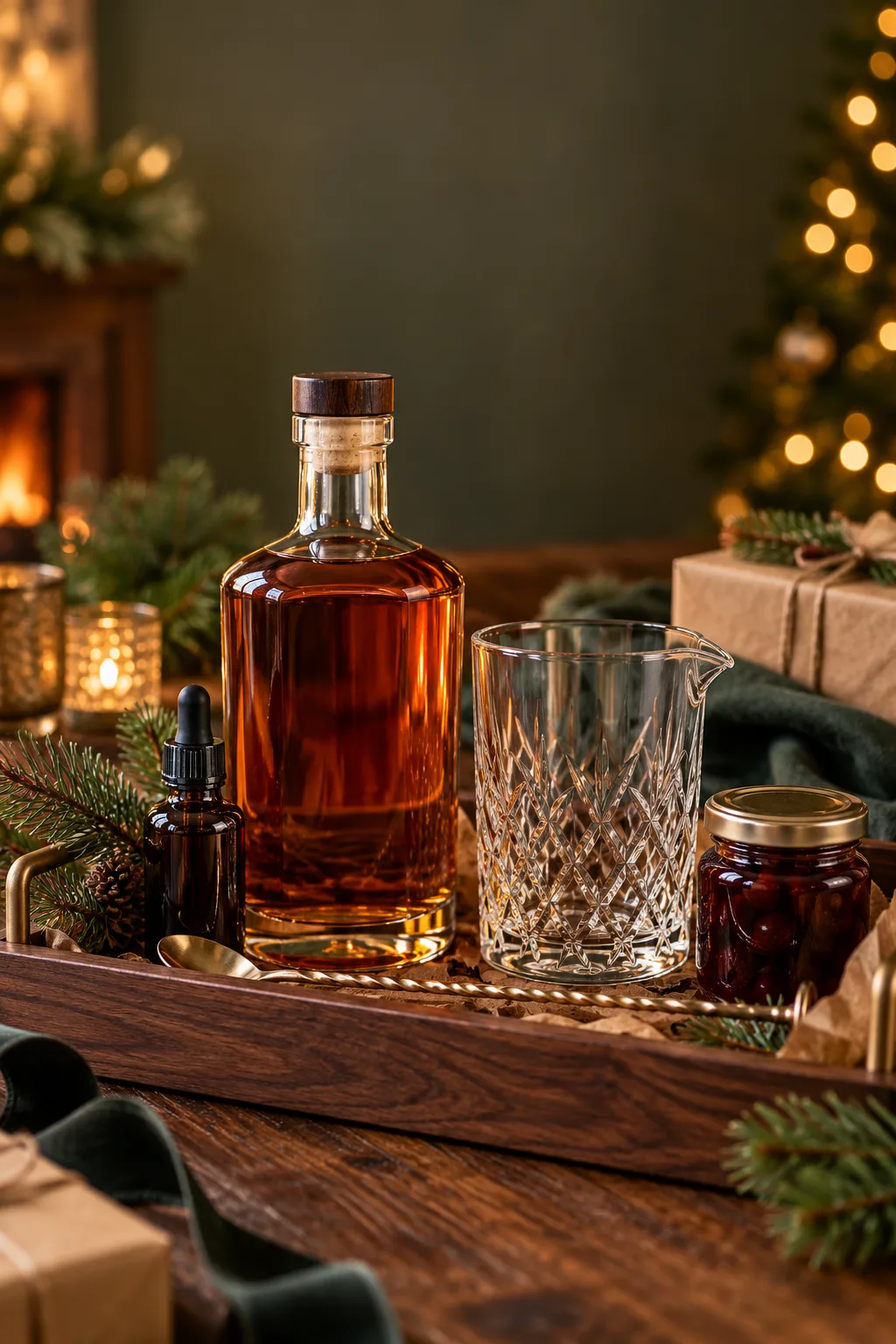 Whiskey Gift for Men: rye whiskey bottle with bitters, a mixing glass and bar spoon as a gift set