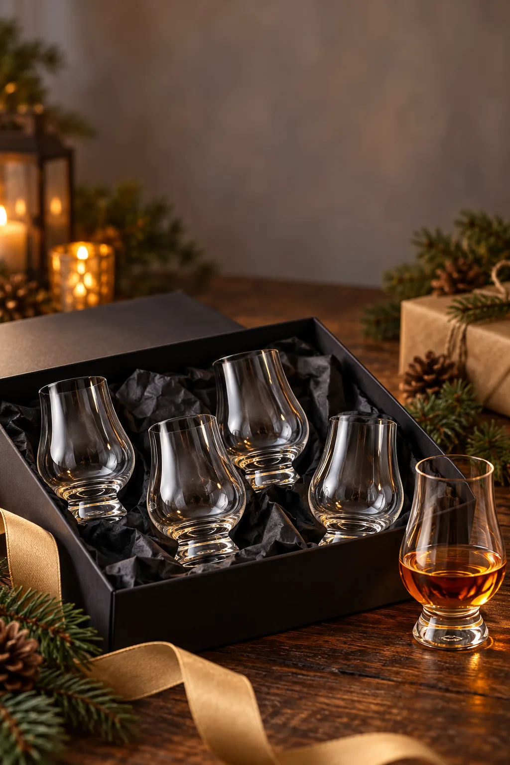 Whiskey Gift for Men: set of four tulip-shaped whisky glasses in an open gift box