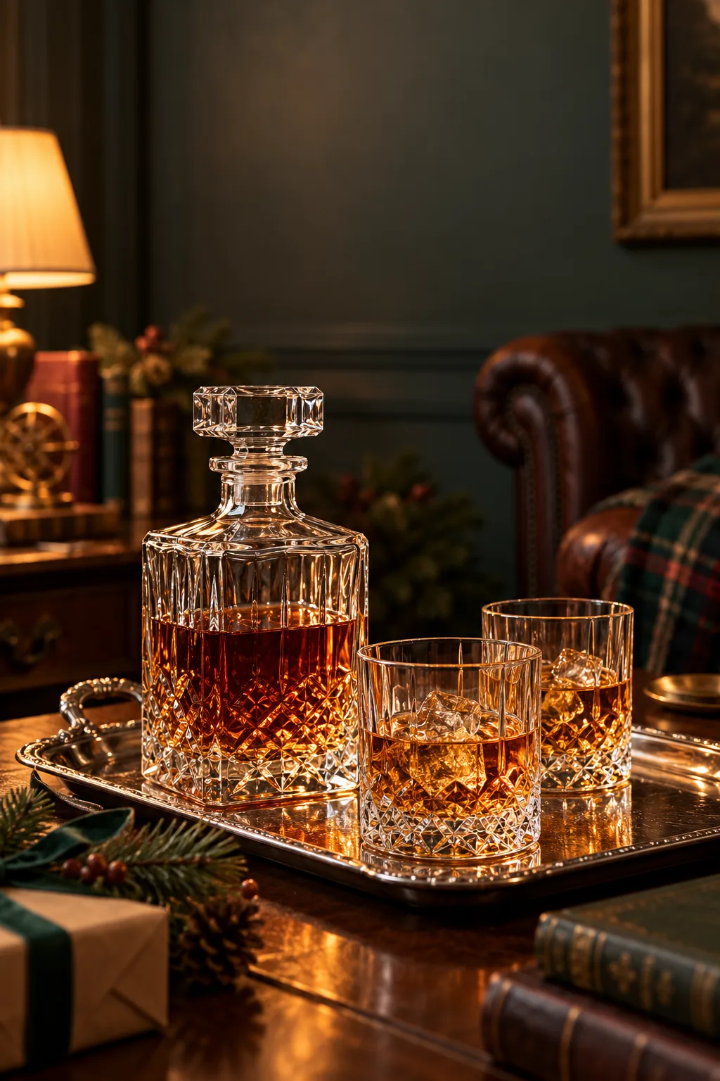 Whiskey Gift for Men: crystal whiskey decanter with two matching glasses on a silver tray