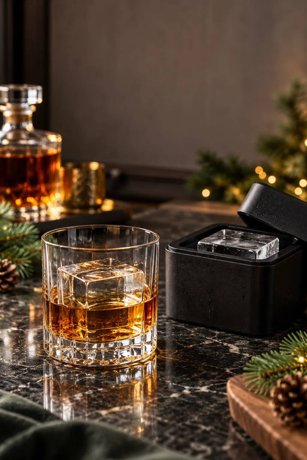 Whiskey Gift for Men: large clear ice cube in a rocks glass beside a silicone ice mold