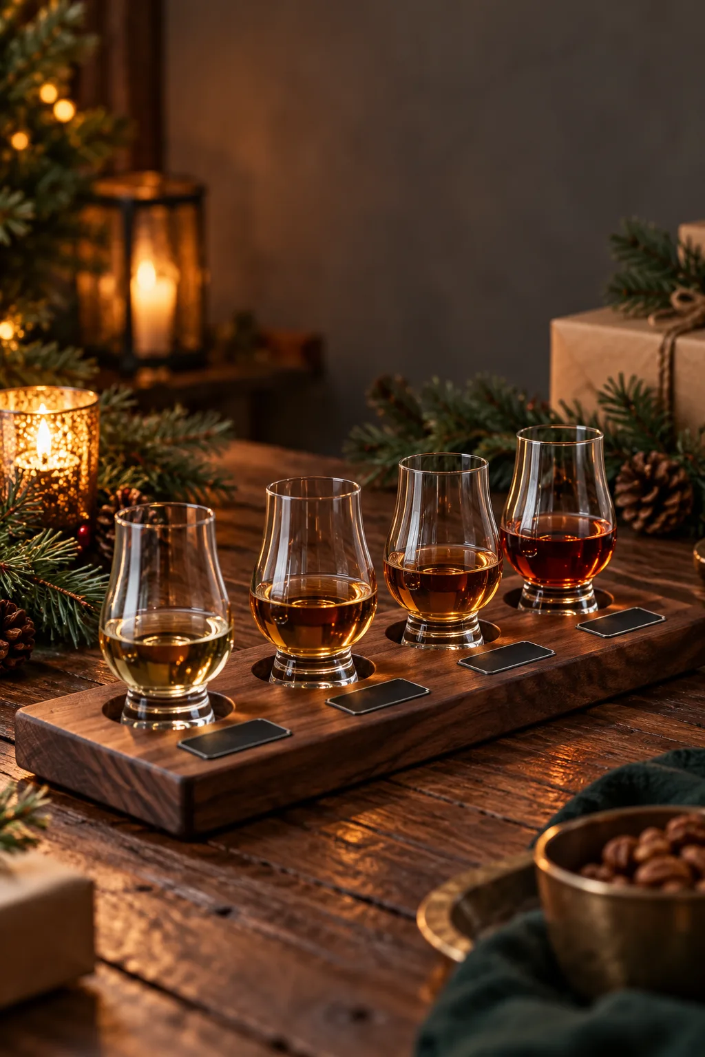 Whiskey Gift for Men: wooden whiskey flight board holding four small tasting glasses