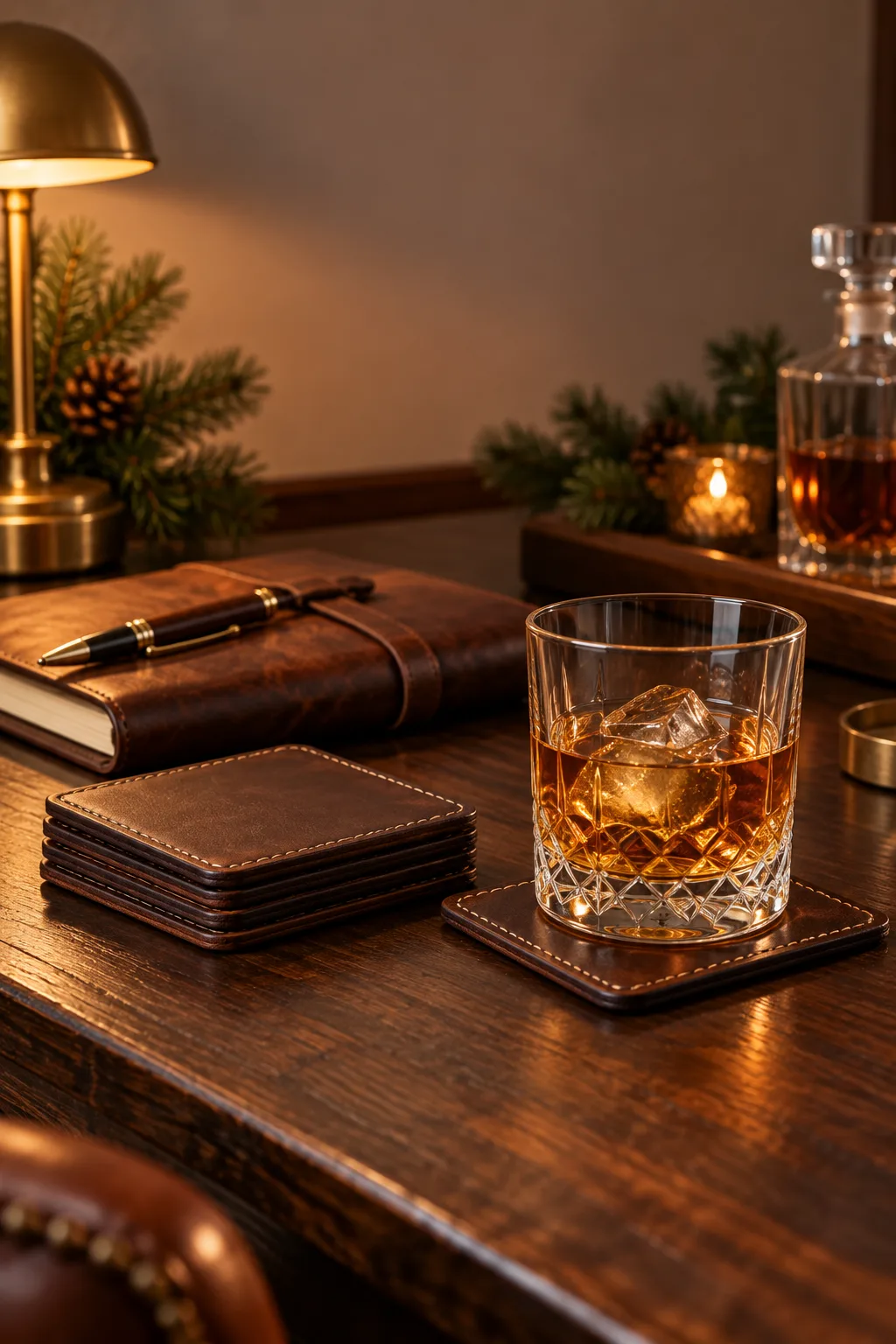 Whiskey Gift for Men: leather coasters and a leather-bound tasting journal beside a whiskey glass
