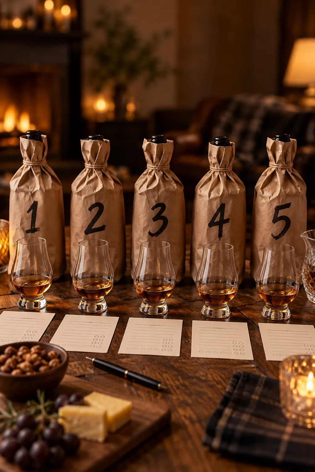 Whiskey Tasting Party Idea: whiskey bottles hidden in numbered paper bags beside tasting glasses