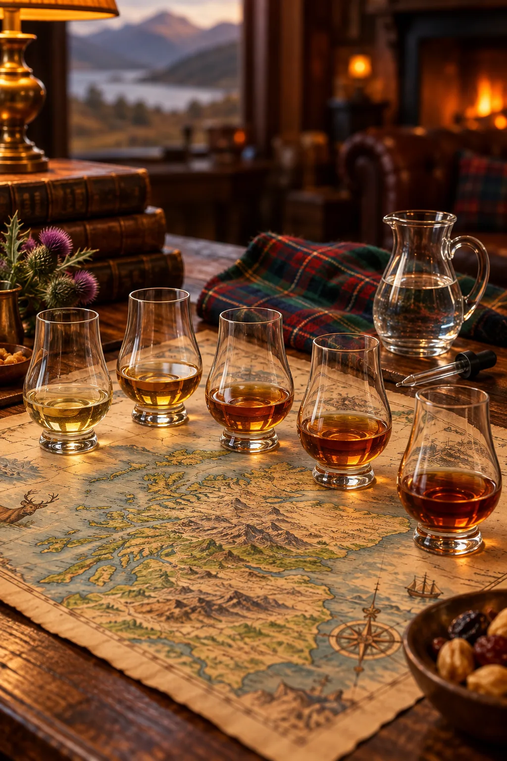 Whiskey Tasting Party Idea: scotch tasting flight laid out on an old map of Scotland with glasses