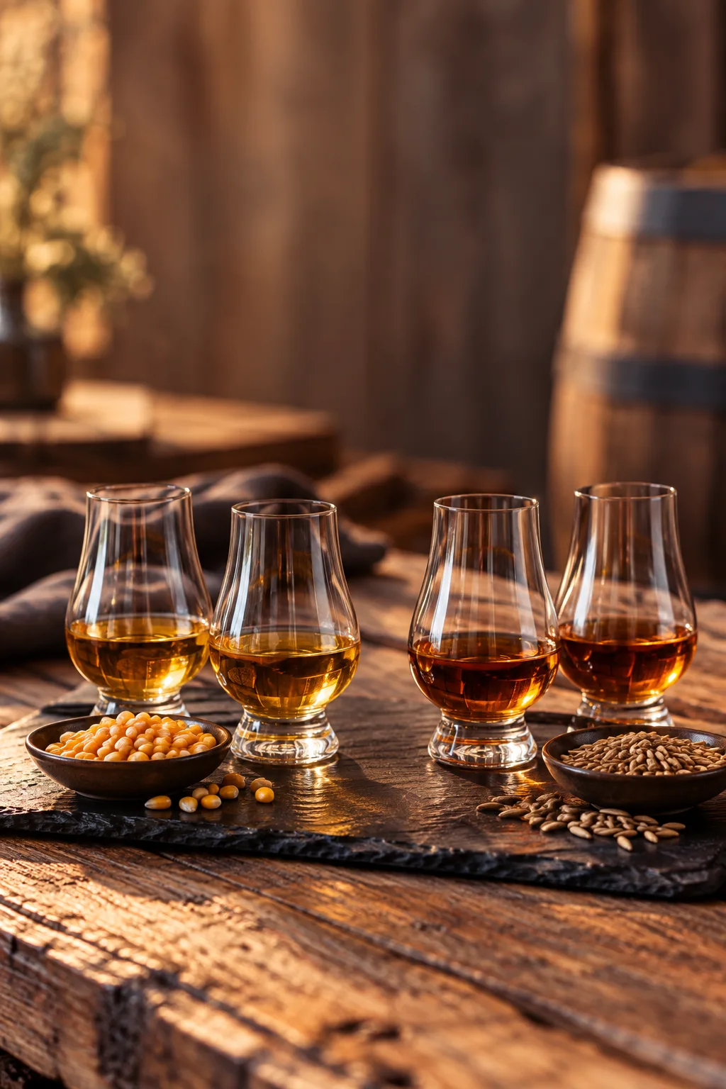 Whiskey Tasting Party Idea: bourbon and rye whiskey glasses side by side with corn and rye grain