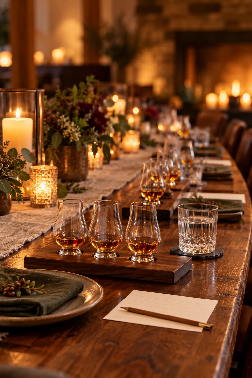 Whiskey Tasting Party Idea: place settings with tulip whiskey glasses, water glasses and tasting notes cards