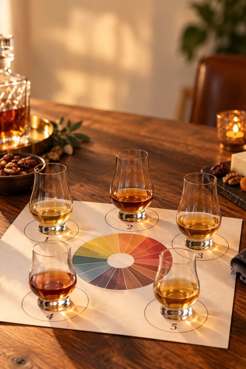 Whiskey Tasting Party Idea: tasting mat with a colorful aroma wheel and numbered circles for glasses