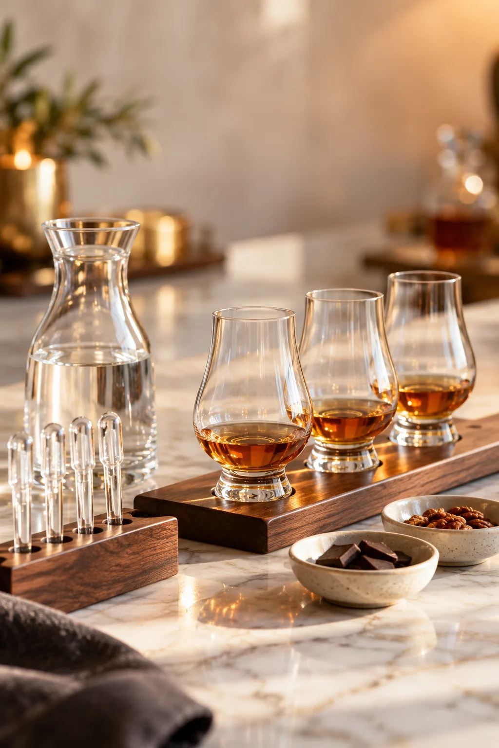 Whiskey Tasting Party Idea: glass water pitcher, pipettes and small bowls beside whiskey glasses