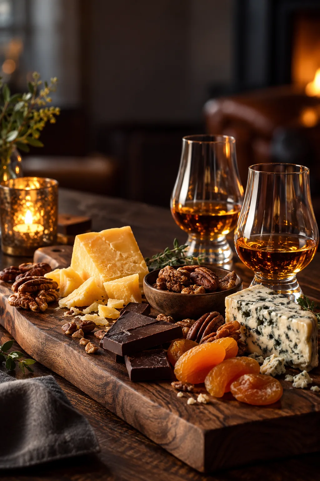Whiskey Tasting Party Idea: pairing board of aged cheeses, dark chocolate and dried fruit beside whiskey