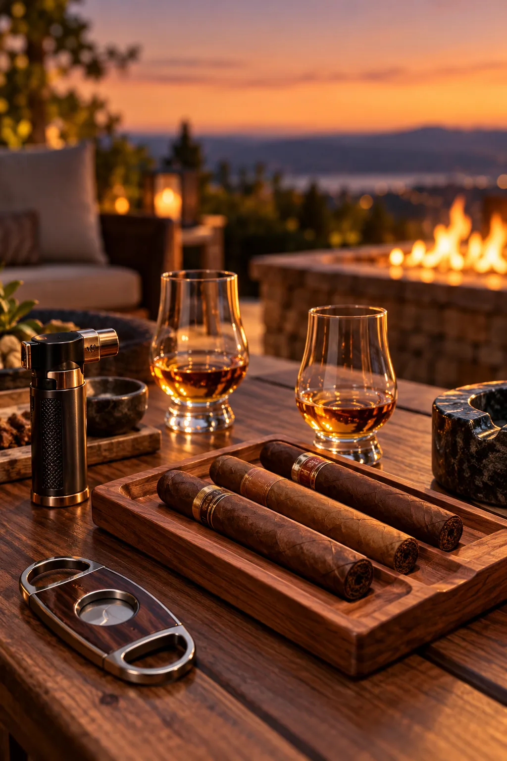 Whiskey Tasting Party Idea: outdoor cigar pairing station with cigars, cutter and whiskey glasses on a patio table
