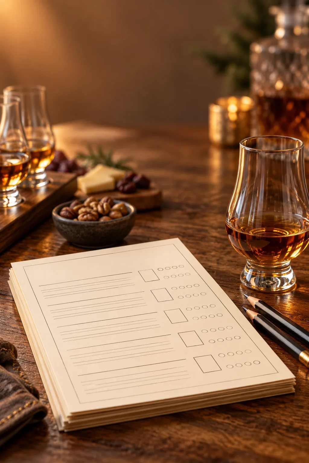 Whiskey Tasting Party Idea: whiskey tasting scorecards with blank lines and pencils beside glasses