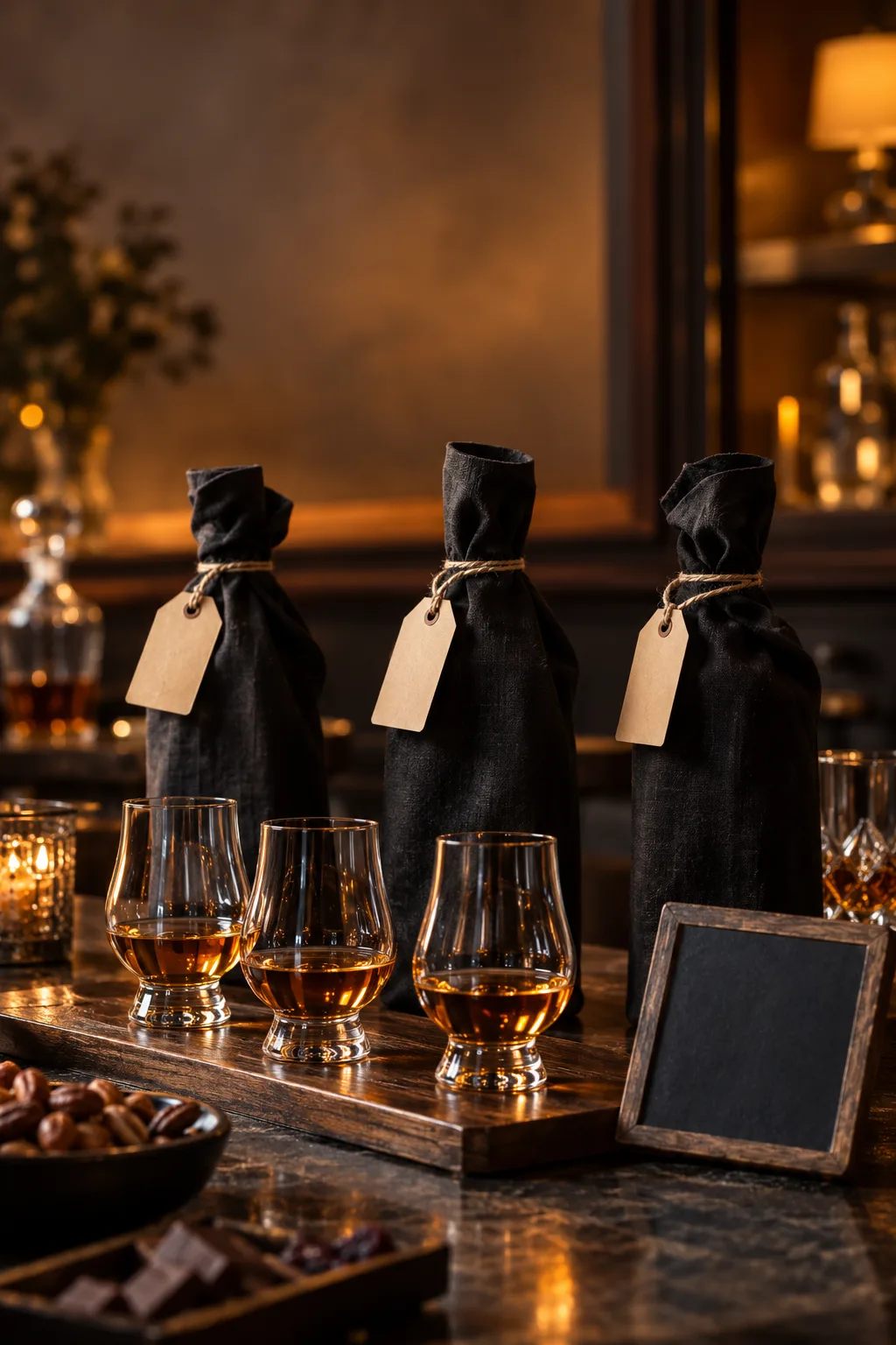 Whiskey Tasting Party Idea: blind whiskey tasting with covered bottles and price tags turned face down