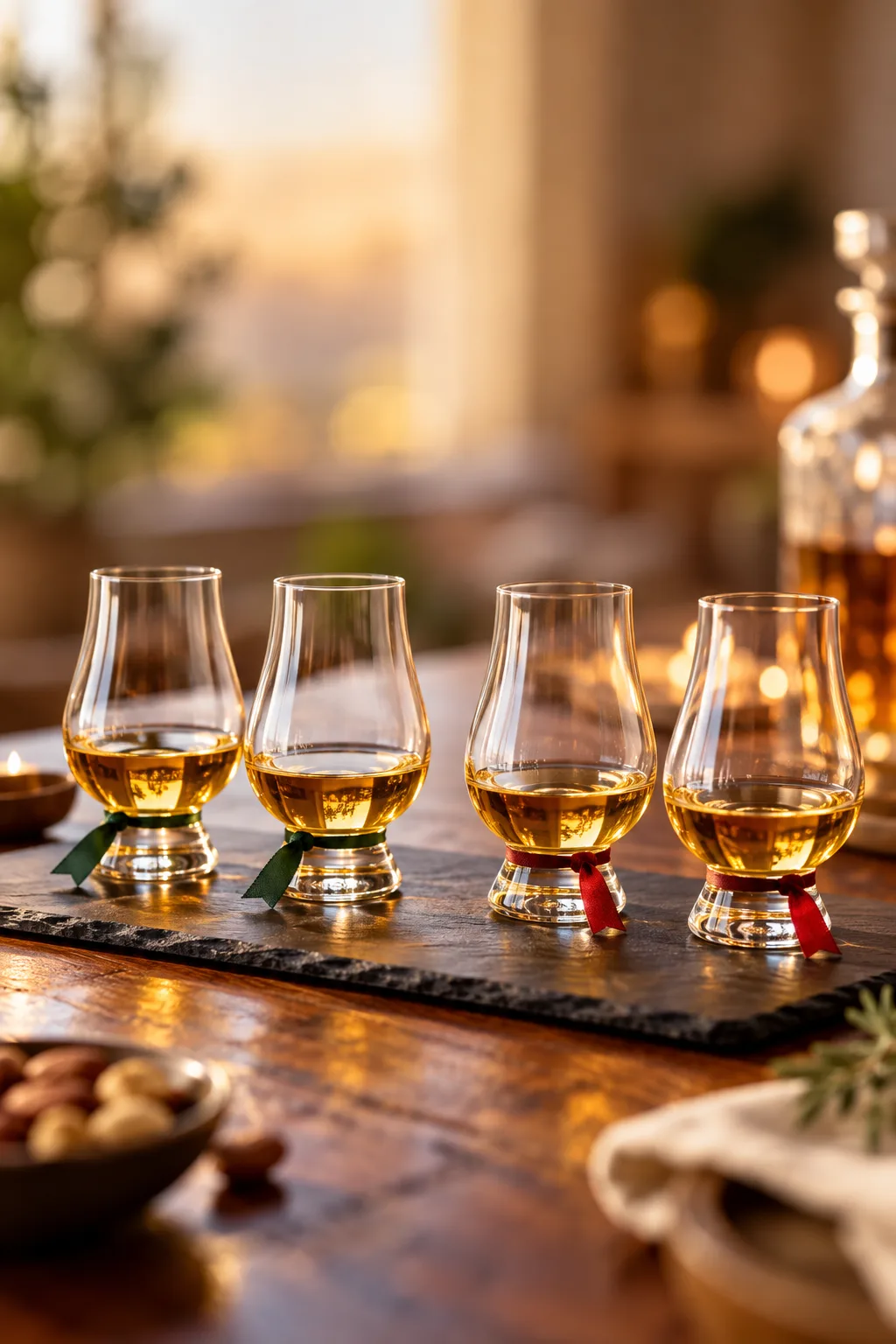 Whiskey Tasting Party Idea: irish and Japanese whiskey tasting glasses on a slate board with green and red accents