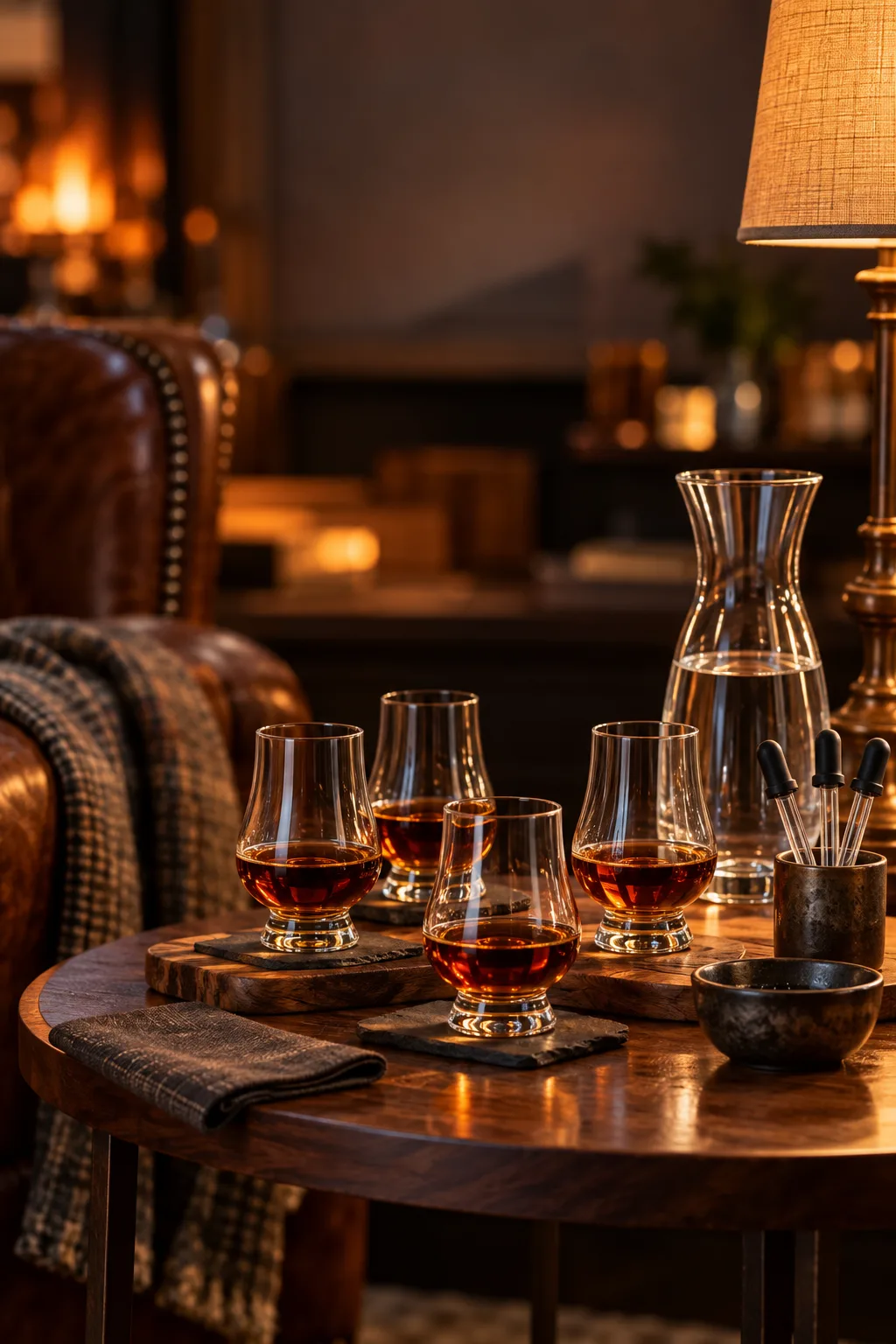 Whiskey Tasting Party Idea: small glasses of dark cask-strength bourbon with a water carafe on a separate side table