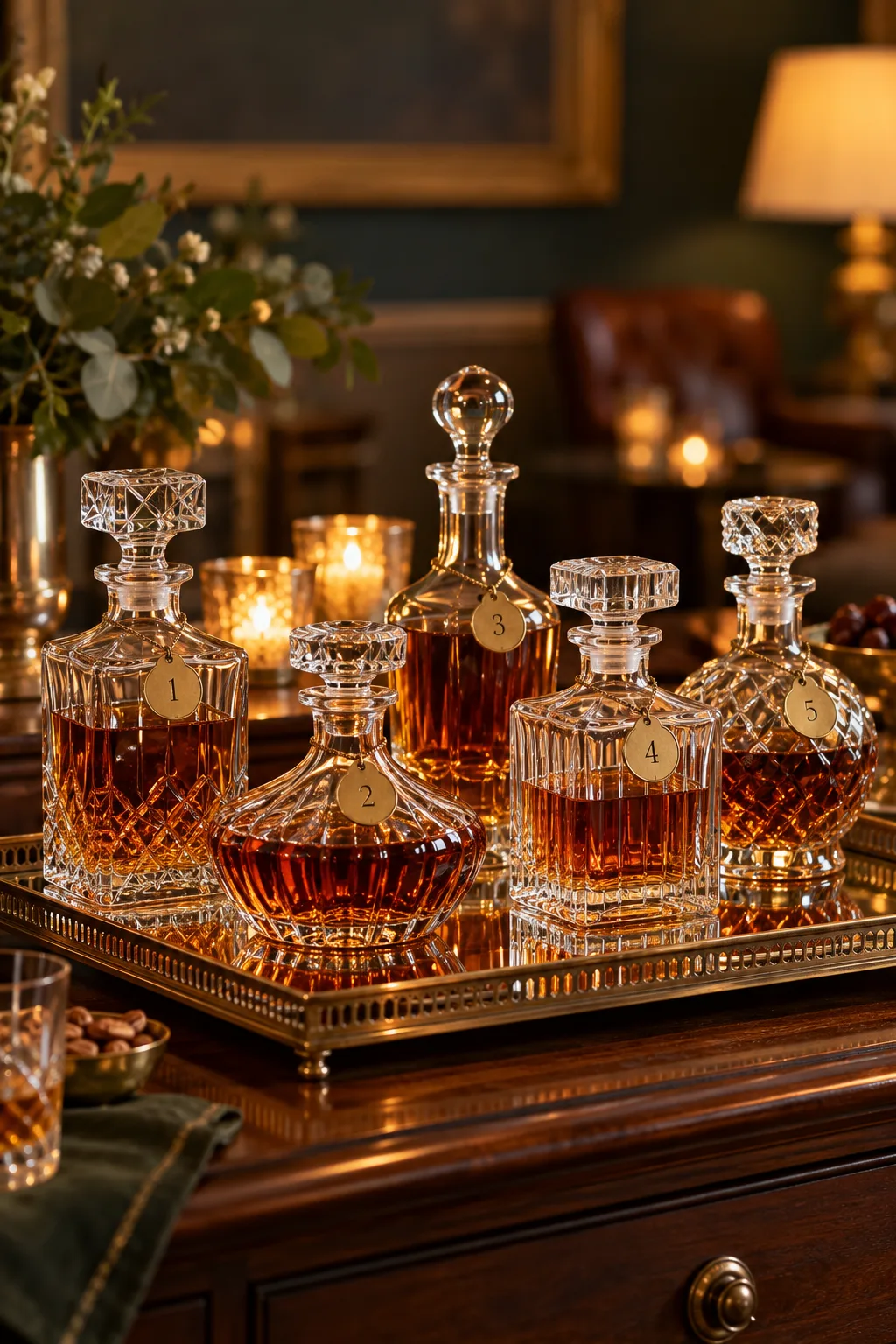 Whiskey Tasting Party Idea: crystal whiskey decanters of different shapes on a mirrored tray