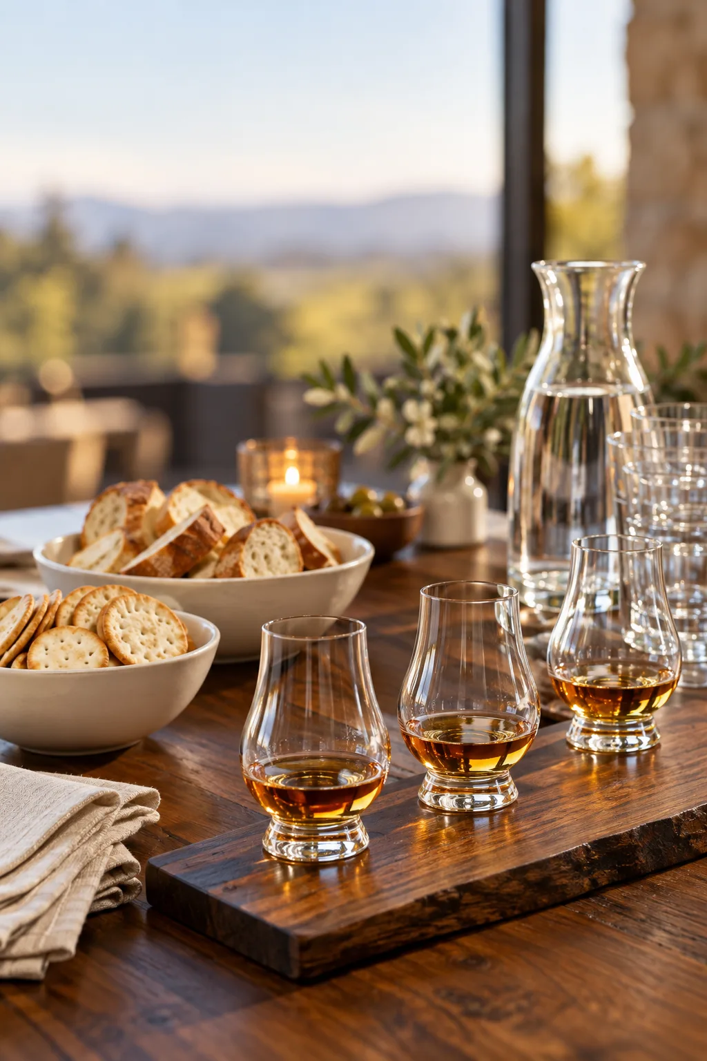 Whiskey Tasting Party Idea: bowls of water crackers, bread and still water for cleansing the palate