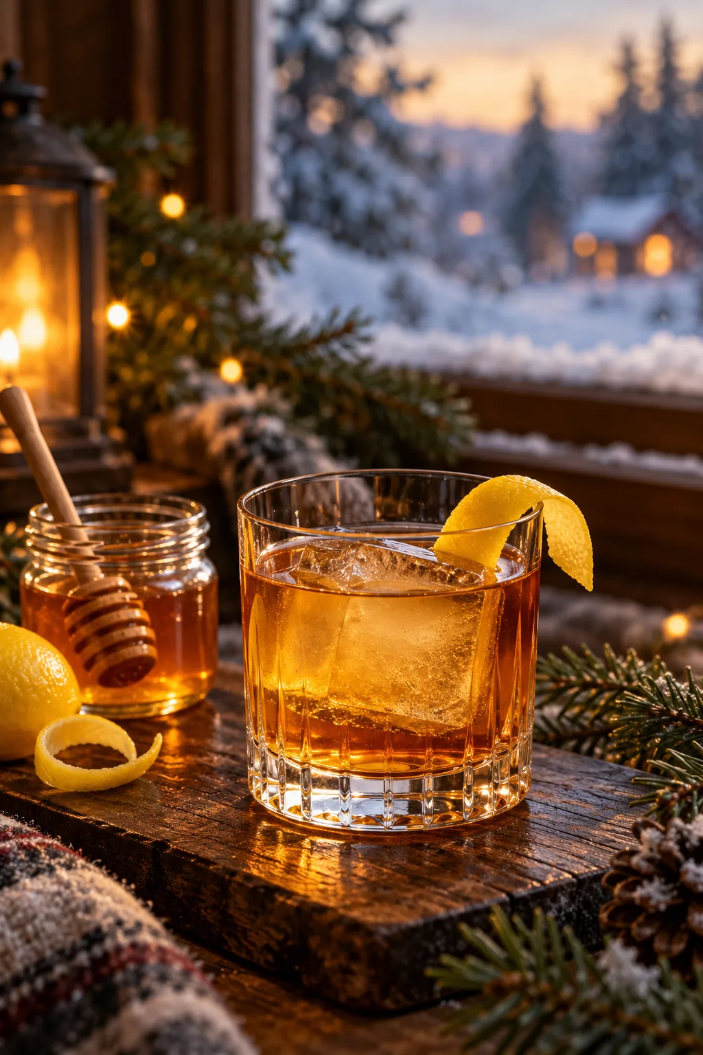 Winter Cocktail: gold Rush bourbon honey cocktail over a large ice cube